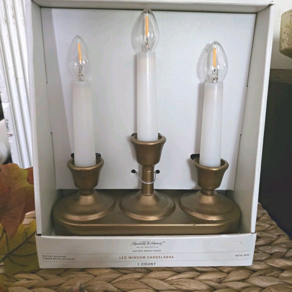 Hearth & Hand with Magnolia LED Window Candelabra Timer Antique Brass Indoor